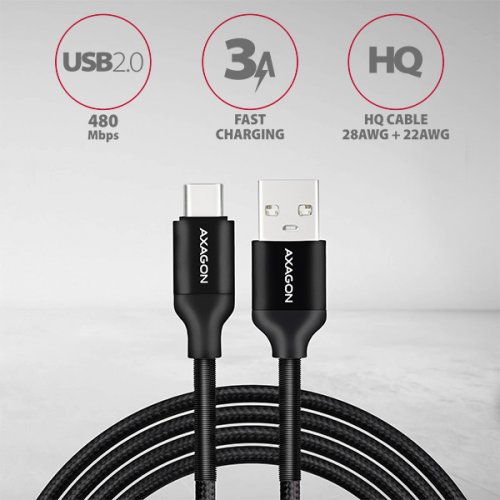 Axagon Kabel USB-C / USB-A 0,5m, Metallgehäuse, geflochten