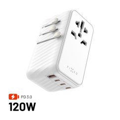 Adaptér FIXED Cestovné Voyager 120W pre EÚ, UK a USA/AUS, s 3xUSB-C a 1xUSB výstupom, GaN, PD 120W, biely