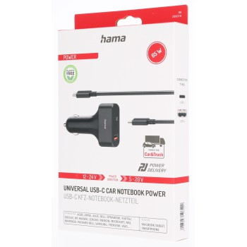 Hama USB-C napájecí zdroj do auta, Power Delivery, 5-20 V, 65 W, 1,5 m
