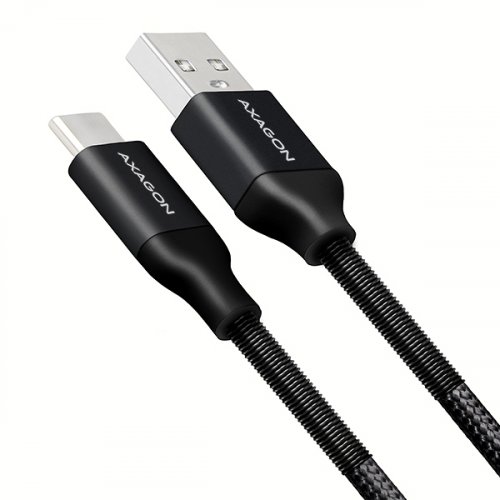 Axagon BUCM-AM05SB, SPRING kabel USB-C na USB-A, 0,5m, 3A, opletený, černý